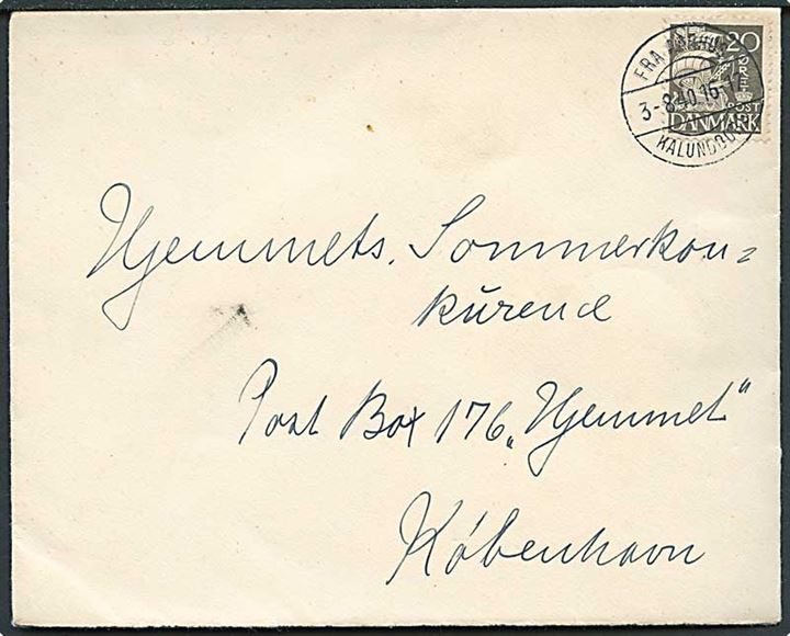 20 øre karavel på brev annulleret med skibsbrev Fra Aarhus/Kalundborg d. 3.8.1940 til København.