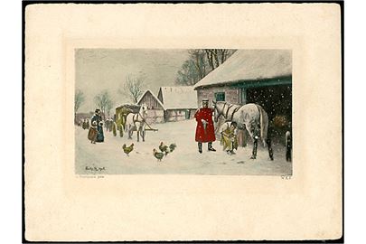 Ludvig Møgelgaard: Posten får skoet sin hest inden han skal videre med postvognen. W.K.K. u/no. (14x18cm).