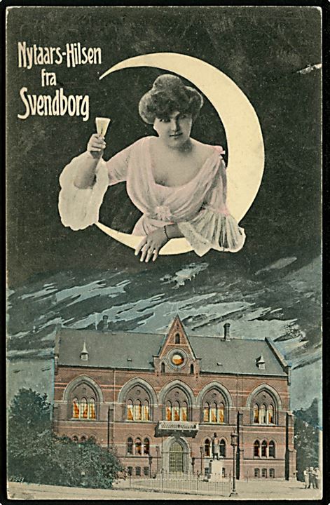 Svendborg, Nytaars-Hilsen med rådhuset, Thinghusgade. A. Vincent no. 4019.