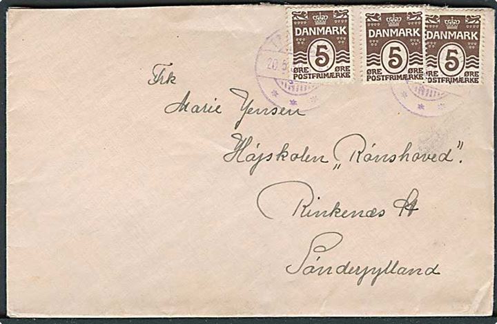 5 øre Bølgelinie (3) på brev annulleret med violet brotype Ia stempel Trunderup d. 20.5.1930 til Rinkenæs St.