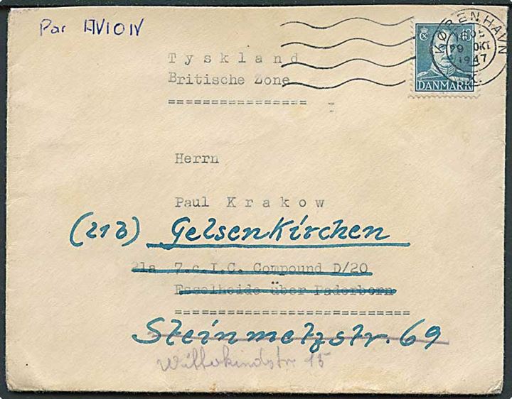 40 øre Chr. X på brev fra København d. 29.10.1947 fra Flygtningeadministrationen / Kartoteket til interneret i 7. Civilian Internment Camp Compound D/20 i Esselheide, Tyskland - eftersendt til Gelsenkirchen.