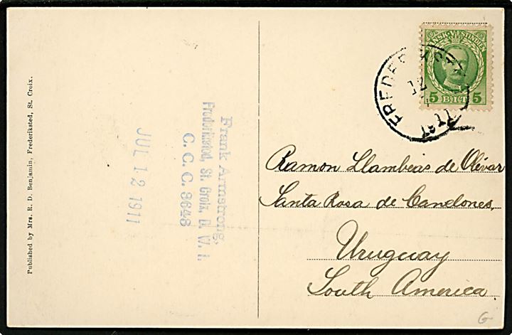 D.V.I., St. Croix, Frederiksted, King's Street, R. D. Benjamin u/no. Frankeret med 5 bit Fr. VIII og sendt som tryksag fra Frederiksted d. 12.7.1911 til Uruguay, Sydamerika. 