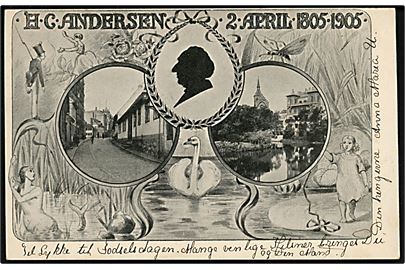 Odense, H. C. Andersen's 100 års jubilæum 2. april 1805-1905 med uddrag fra eventyr og prospekter fra Odense. U/no. Frankeret med 5 øre Våben annulleret med stjernestemepel SØNDERSØ og sidestemplet Odense d. 10.4.1905 til Randers.