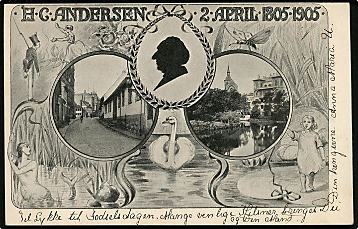 Odense, H. C. Andersen's 100 års jubilæum 2. april 1805-1905 med uddrag fra eventyr og prospekter fra Odense. U/no. Frankeret med 5 øre Våben annulleret med stjernestempel SØNDERSØ og sidestemplet Odense d. 10.4.1905 til Randers.