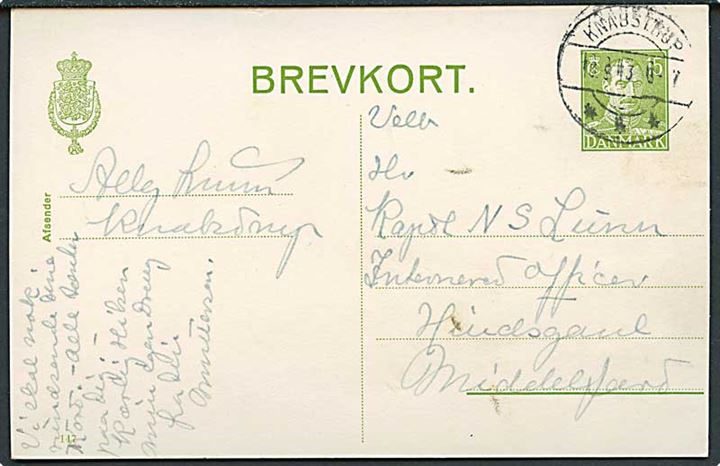 15 øre Chr. X helsagskort (fabr. 147) fra Knabstrup d. 10.9.1943 til interneret officer på Hindsgavl, Middelfart. Sjældent interneringssted.