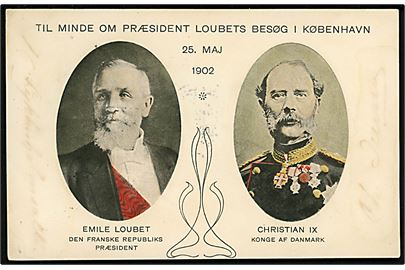Chr. IX og franske præsident Loubert til minde om præsidentens besøg i København d. 25.5.1902. 5 øre helsagsbrevkort. U/no. Fugtskjold.