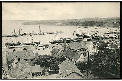 Lemvig havn med kongeskibet Dannebrog under kongebesøget i 1908. Splidsboel no. 16104.