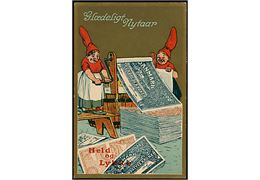Osvald Jensen: Nytårskort med 2 nissepiger der Hvid vasker pengesedler. A. Vincent serie no. 302/4. 