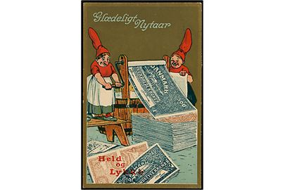 Osvald Jensen: Nytårskort med 2 nissepiger der Hvid vasker pengesedler. A. Vincent serie no. 302/4. 