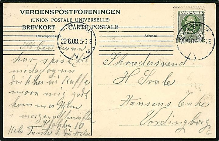 Carlsberg Pilsner er bedst, reklamekort med lakaj. L. Levison Junr. u/no. Frankeret med 5 øre Fr. VIII med perfin C. (= Carlsberg) fra Kjøbenhavn d. 29.6.1908 til Vordingborg.