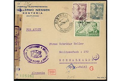 25 cts., 50 cts. Franco of 2 pts. Luftpost på luftpostbrev fra Renteria d. 29.5.1942 via Madrid til Schmalkalden, Tyskland. Åbnet af spansk censur i San Sebastian og af tysk censur i München.