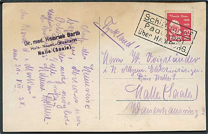Norsk 20 øre Ibsen på brevkort (Odda, Hardanger) dateret  M/S Merkur d. 30.8.1928 og annulleret med tysk skibsstempel Schiffspost / Paquebot über Hamburg til Halle, Tyskland. Skjolder. 