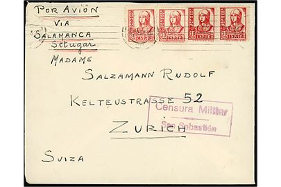 30 cts. Isabel (4) på luftpostbrev påskrevet via Salamanca med svagt stempel d. 24.1.1938 til Zürich, Schweiz. Spansk censur fra San Sebastian.