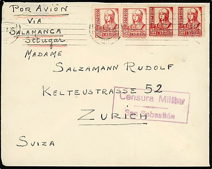 30 cts. Isabel (4) på luftpostbrev påskrevet via Salamanca med svagt stempel d. 24.1.1938 til Zürich, Schweiz. Spansk censur fra San Sebastian.