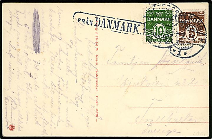 5 øre og 10 øre Bølgelinie på brevkort (Skagen, Grenen med fyrtårn) dateret i Frederikshavn og annulleret med svensk stempel Göteborg d. 27.7.1925 og sidestemplet Från Danmark til Trollhättan, Sverige. 