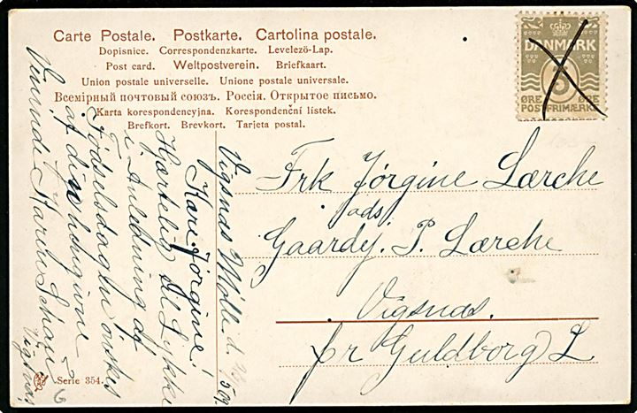 3 øre Bølgelinie på lokalt brevkort annulleret med blækkryds dateret Vigsnæs Mølle d. 26-5-1909 til Vigsnæs pr. Guldborg L.