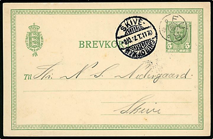 5 øre Fr. VIII helsagsbrevkort annulleret med stjernestempel FUR og sidestemplet bureau Skive - Nykjøbing T.1170 d. 3.10.1912 til Skive.