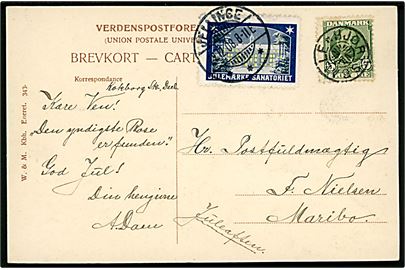 5 øre Fr. VIII og Julemærke 1908 på brevkort (Vejle Tekniske skole) annulleret med stjernestempel HJORTSBALLE og sidestemplet Jellinge d. 22.12.1908 til Maribo. Påskrevet Juleaften.