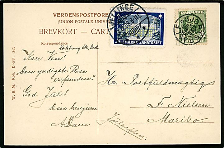 5 øre Fr. VIII og Julemærke 1908 på brevkort (Vejle Tekniske skole) annulleret med stjernestempel HJORTSBALLE og sidestemplet Jellinge d. 22.12.1908 til Maribo. Påskrevet Juleaften.