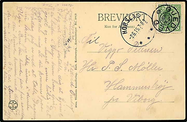 5 øre Chr. X på brevkort annulleret med stjernestempel GJEDVED og sidestemplet Horsens d. 9.6.1915 til Hammershøj pr. Viborg.