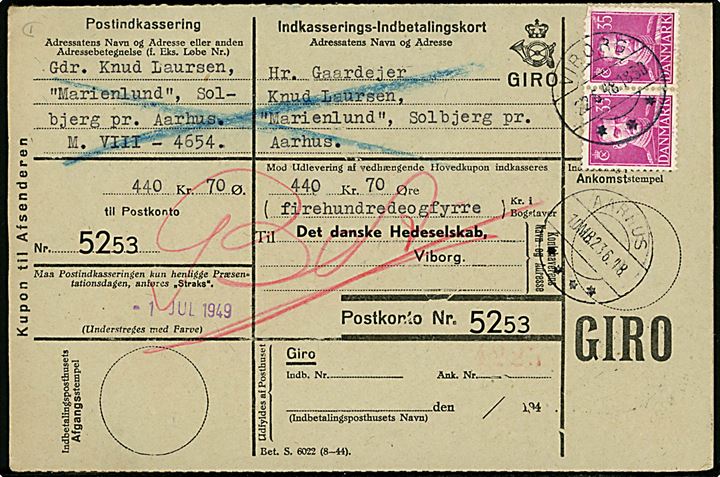 35 øre Chr. X i parstykke på retur Indkasserings-Indbetalingskort fra Viborg d. 22.6.1948 til Solbjerg pr. Aarhus. Returneret med pr.-stempel Ny Solbjerg pr. Aarhus d. 2,7,1948.