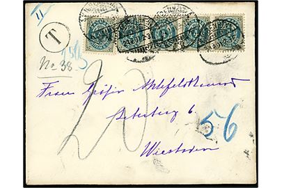 4 øre Tofarvet (5) omv. rm. på underfrankeret 2. vægtkl. brev fra Kjøbenhavn d. 24.2.1901 til Wiesbaden, Tyskland. Sort T portostempel og udtakseret i 20 pfg. tysk porto.