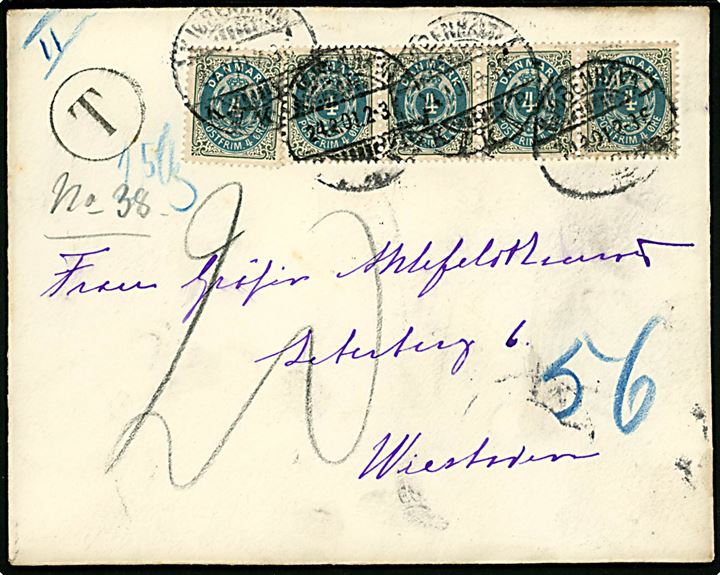 4 øre Tofarvet (5) omv. rm. på underfrankeret 2. vægtkl. brev fra Kjøbenhavn d. 24.2.1901 til Wiesbaden, Tyskland. Sort T portostempel og udtakseret i 20 pfg. tysk porto.