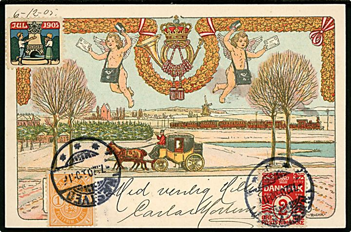1 øre Våben og 2 øre Bølgelinie, samt Julemærke 1905, på særligt Julemærke 1905 kort (Tegnet af Rasmus Christiansen) sendt lokalt i Næstved d. 7.12.1905.