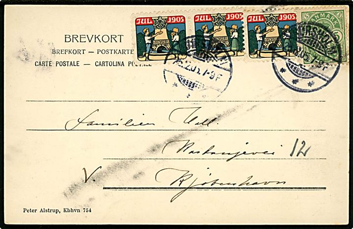 5 øre Våben og Julemærke 1905 i 3-stribe på brevkort (Gadeparti i Hørsholm) fra Hørsholm d. 25.12.1905 til København.