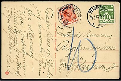 10 øre Bølgelinie på underfrankeret brevkort fra Helsingør d. 16.2.1922 til København. Udtakseret i porto med 10 øre SF Porto-provisorium stemplet Kjøbenhavn d. 17.2.1922.