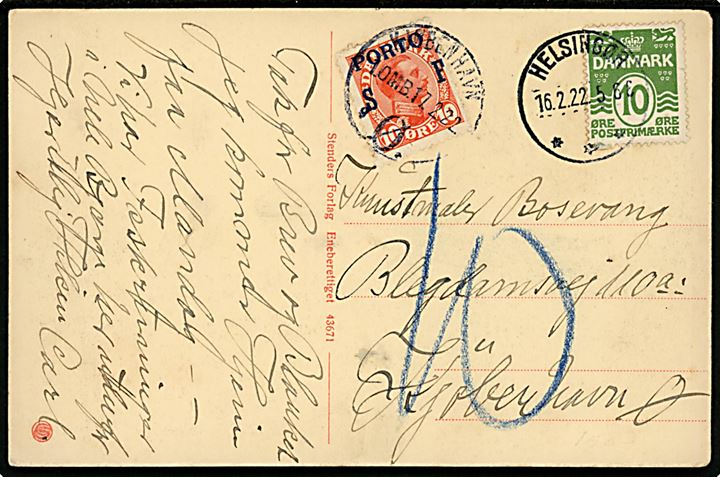 10 øre Bølgelinie på underfrankeret brevkort fra Helsingør d. 16.2.1922 til København. Udtakseret i porto med 10 øre SF Porto-provisorium stemplet Kjøbenhavn d. 17.2.1922.