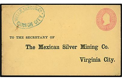 3 cents Washington helsagskuvert fra Wells, Fargo & Co. Carson City til The Mexican Silver Mining Co. i Virginia City. Ikke afsendt. 