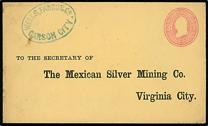3 cents Washington helsagskuvert fra Wells, Fargo & Co. Carson City til The Mexican Silver Mining Co. i Virginia City. Ikke afsendt. 