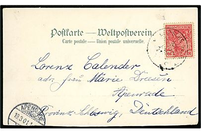 10 pfg. Germania på Norddeutscher Lloyd brevkort fra Postdampfer Prinzess Irene annulleret med svagt stempel Deutsche Seepost Ost Asiatische Linie c til Apenrade, Tyskland.