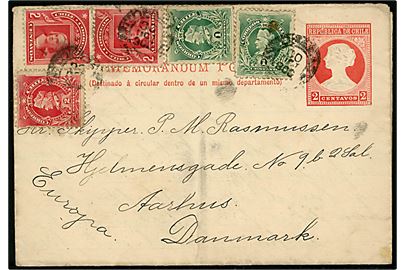 2 c. helsags-korrespondancekort opfrankeret med 1 c. (2) og 2 c. (3) fra dansk sømand ombord på den tyske 4-mastede bark Reinbek i Antofargasta d. 29.10.1906 til Aarhus, Danmark.