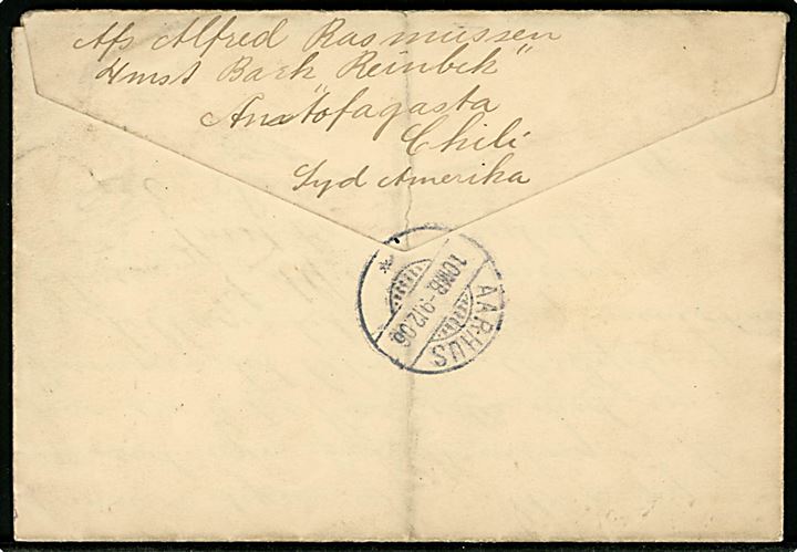 2 c. helsags-korrespondancekort opfrankeret med 1 c. (2) og 2 c. (3) fra dansk sømand ombord på den tyske 4-mastede bark Reinbek i Antofargasta d. 29.10.1906 til Aarhus, Danmark.