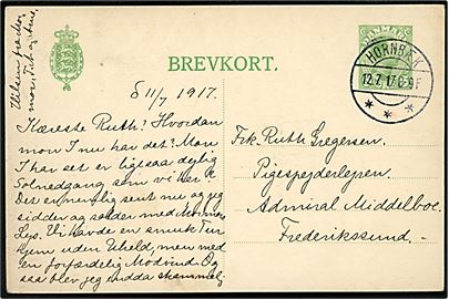 5 øre Chr. X helsagsbrevkort fra Hornbæk d. 12.7.1917 til frk. Ruth Gregersen, Pigespejderlejren, Admiral Middelboe, Frederikssund. Admiral Middelboe var i 1914 fungerende chef for Det Danske Spejderkorps. 