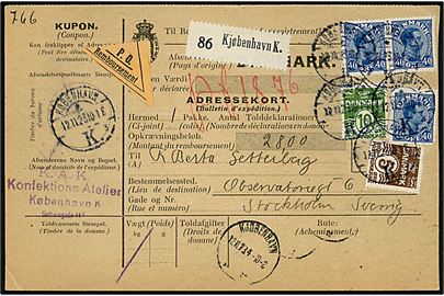 5 øre, 10 øre Bølgelinie og 40 øre Chr. X (3) på 135 øre frankeret internationalt adressekort for pakke med postopkrævning fra København d. 12.11.1923 til Stockholm, Sverige.