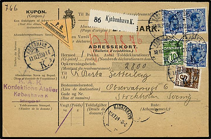 5 øre, 10 øre Bølgelinie og 40 øre Chr. X (3) på 135 øre frankeret internationalt adressekort for pakke med postopkrævning fra København d. 12.11.1923 til Stockholm, Sverige.