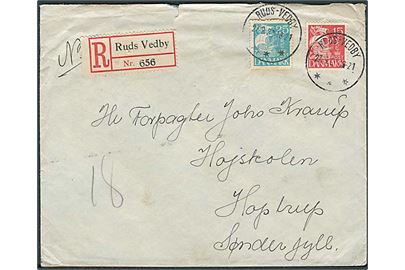25 øre Bogtryk og 15 øre Stålstik (tysk papir) Karavel på anbefalet brev fra Ruds-Vedby d. 27.9.1933 til Hoptrup.