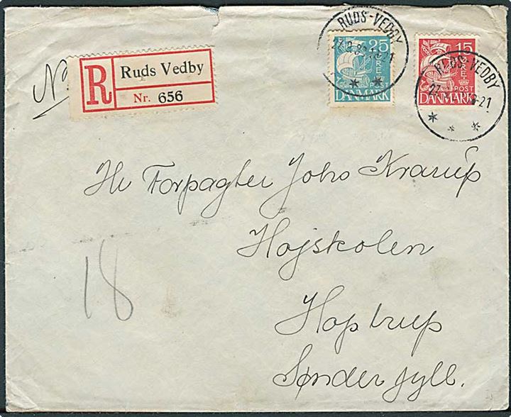 25 øre Bogtryk og 15 øre Stålstik (tysk papir) Karavel på anbefalet brev fra Ruds-Vedby d. 27.9.1933 til Hoptrup.