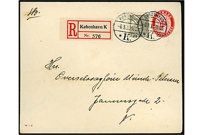 15 øre helsagskuvert (fabr. 44-C) opfrankeret med 20 øre Karavel sendt som lokalt anbefalet brev i København d. 6.3.1930.