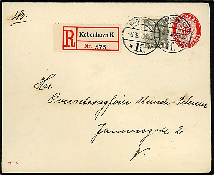 15 øre helsagskuvert (fabr. 44-C) opfrankeret med 20 øre Karavel sendt som lokalt anbefalet brev i København d. 6.3.1930.