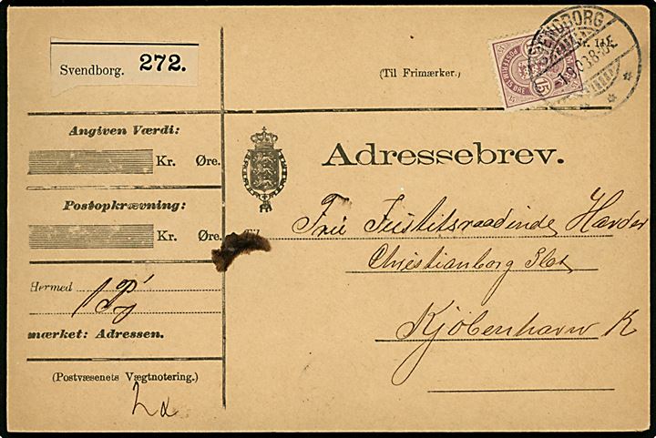15 øre Våben single på adressebrev for pakke fra Svendborg d. 1.9.1903 til Christiansborg Slot, København.