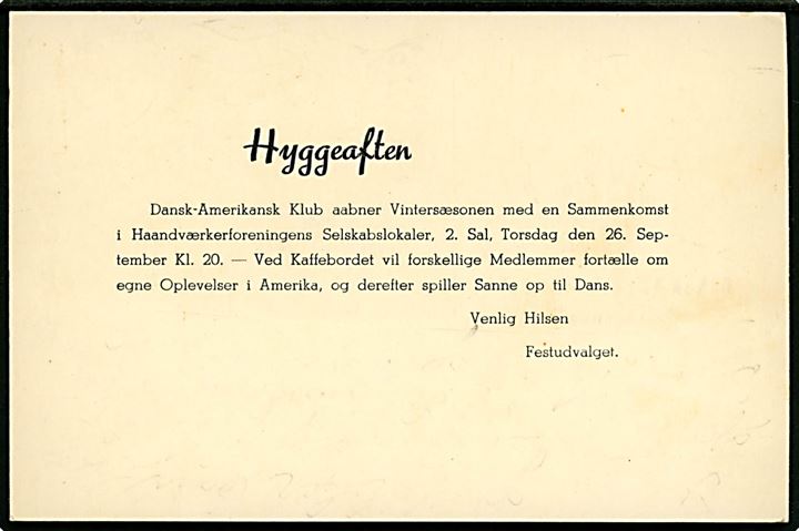 6 øre Bølgelinie på lokalt tryksagskort fra Dansk-Amerikansk Klub i Aalborg d. 23.9.1946.