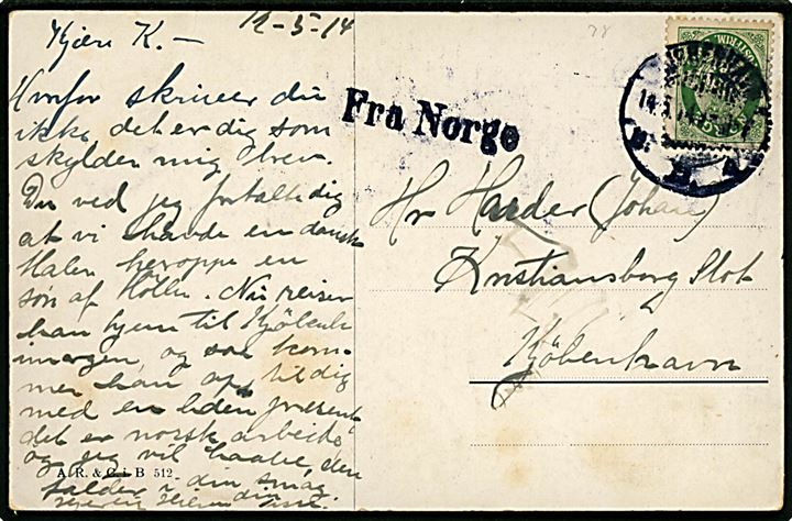 5 øre Posthorn på brevkort annulleret med dansk stempel i Kjøbenhavn d. 14.5.1914 og sidestemplet Fra Norge til Kjøbenhavn, Danmark.