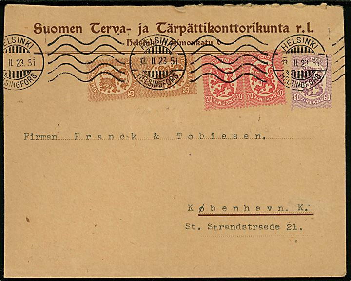 20 pen. (par), 25 pen. (par) og 60 pen. Løve på brev fra Helsinki d. 13.2.1923 til København, Danmark.
