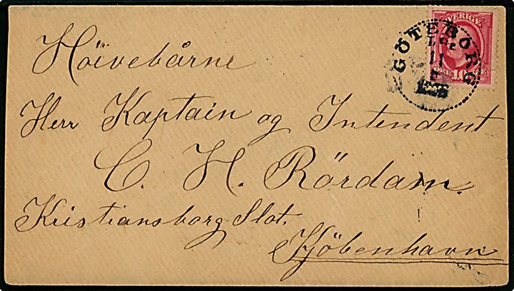 10 öre Oscar II på brev fra Göteborg d. 11.5.1896 til Kaptajn og Intendant C. H. Rørdam på Kristiansborg Slot, København.