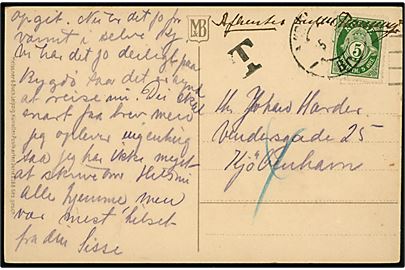 5 øre Posthorn på underfrankeret brevkort fra Kristiania d. 5.?.1918 til Kjøbenhavn, Danmark. Sort T-stempel og udtakseret i 4 øre dansk porto.