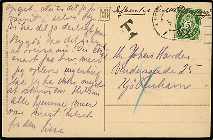5 øre Posthorn på underfrankeret brevkort fra Kristiania d. 5.?.1918 til Kjøbenhavn, Danmark. Sort T-stempel og udtakseret i 4 øre dansk porto.